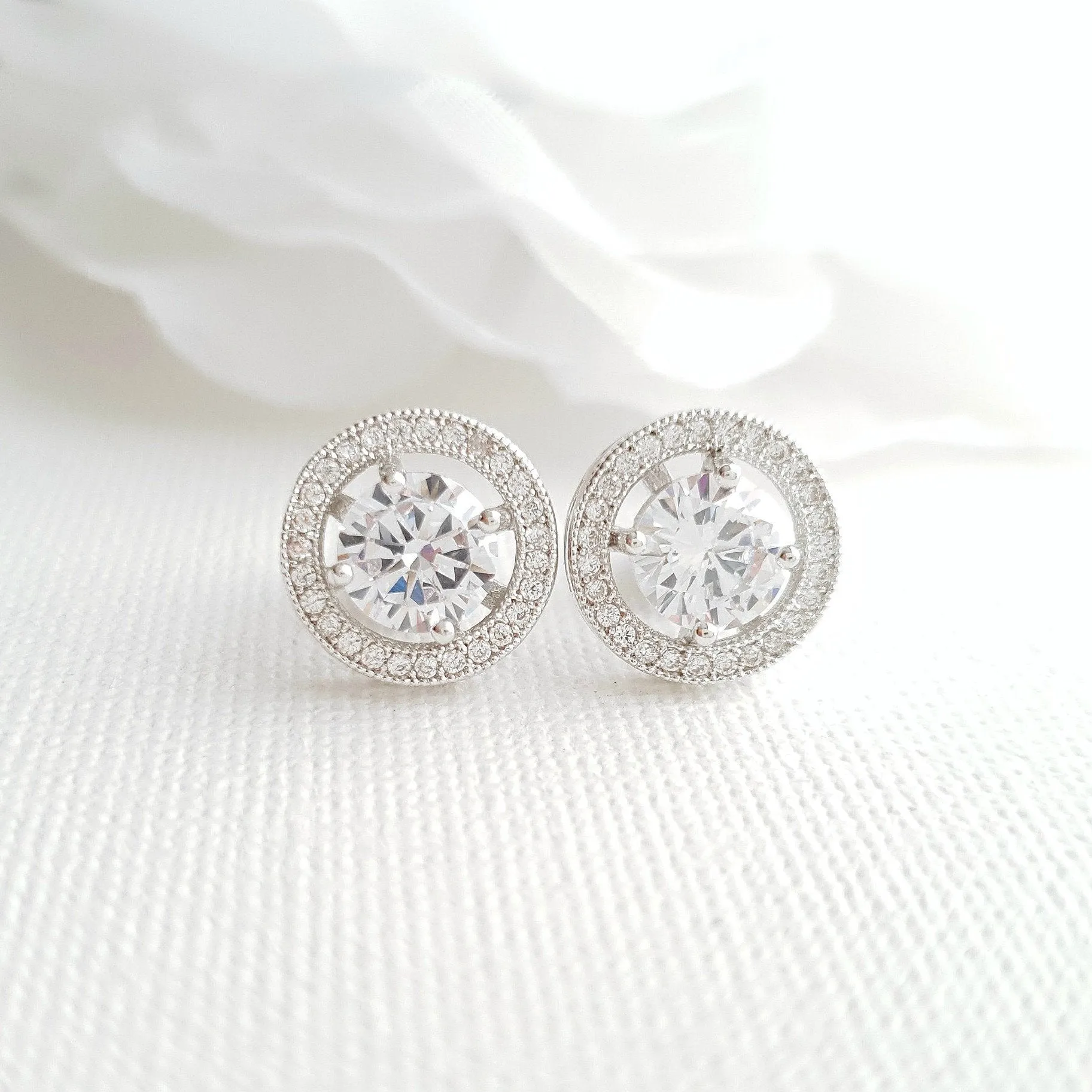 Gold Round Stud Earrings in Cubic Zirconia- Denise