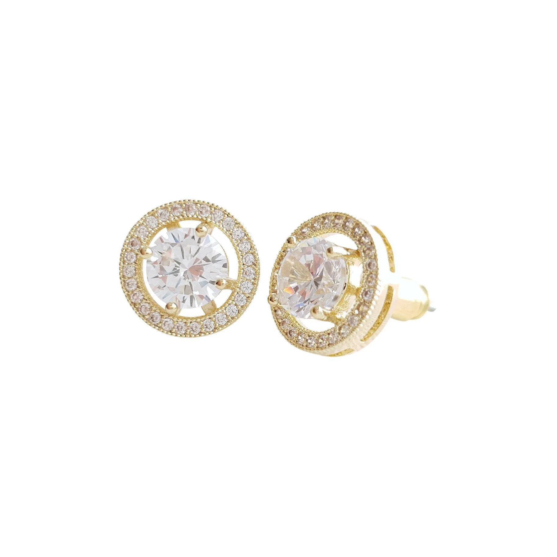 Gold Round Stud Earrings in Cubic Zirconia- Denise