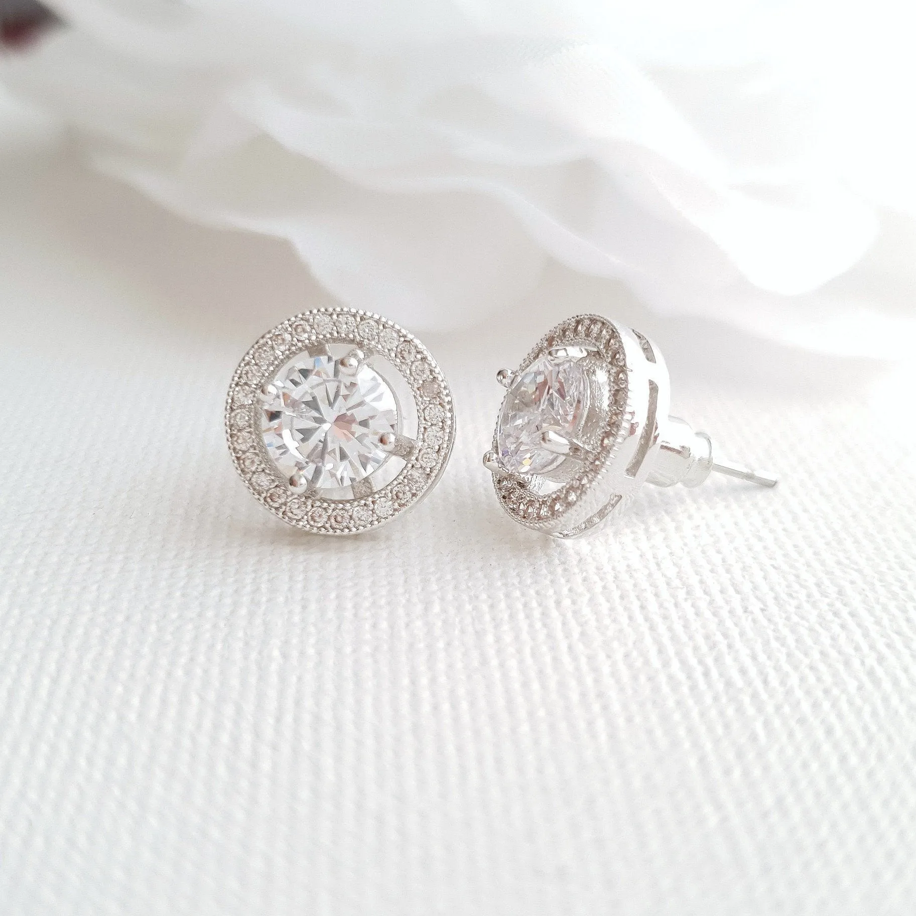 Gold Round Stud Earrings in Cubic Zirconia- Denise