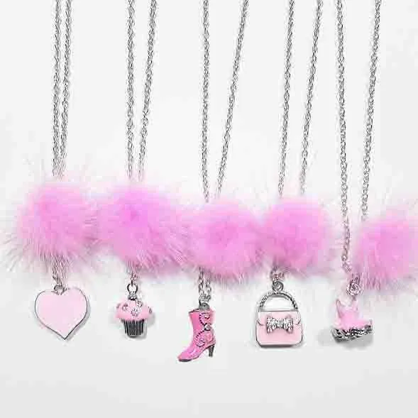 Heart Me Bright Pink Fur Pom Necklaces