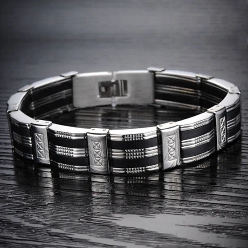 Hot Sale New Fashion Jewelry Black Silicone Mix Stainless Steel Personality Men Bracelet Male Bangles