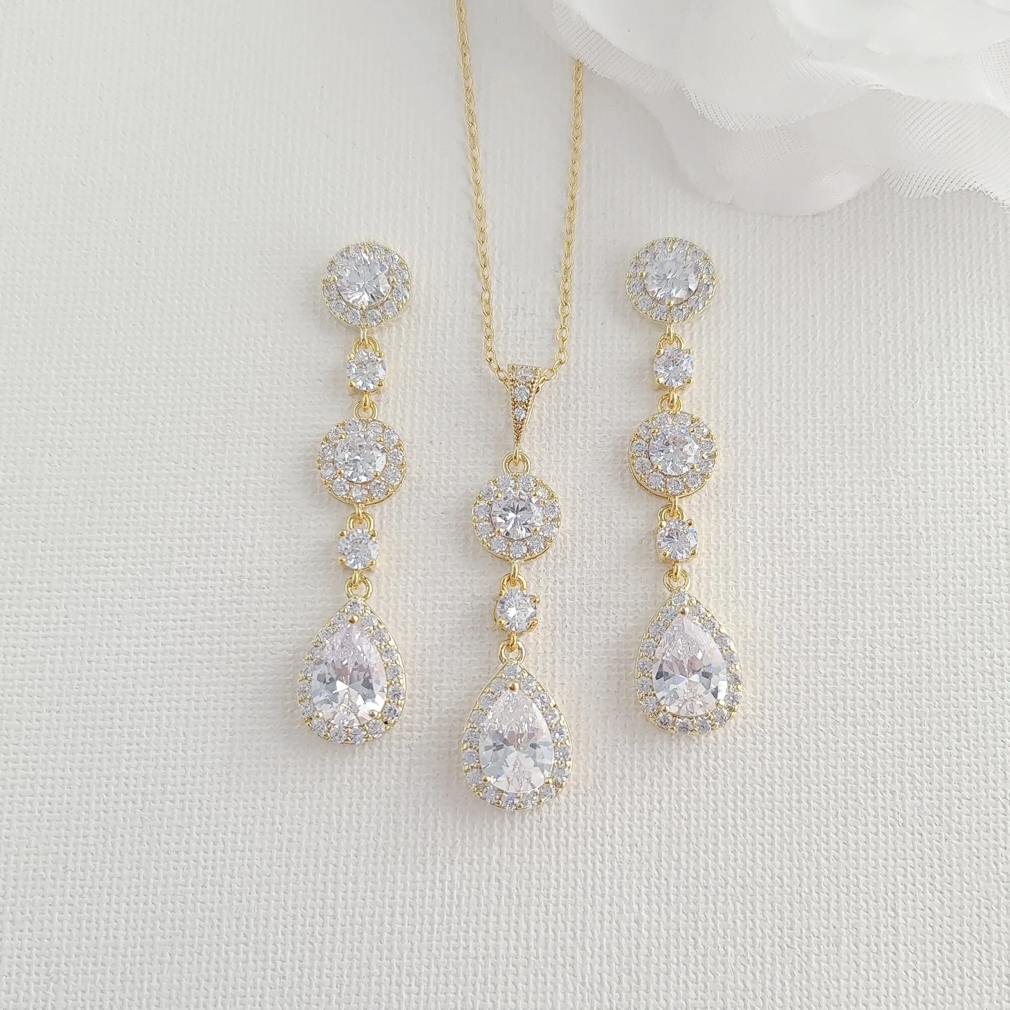 Long Bridal Earrings with Long Drop Pendant Necklace Set-Reagan