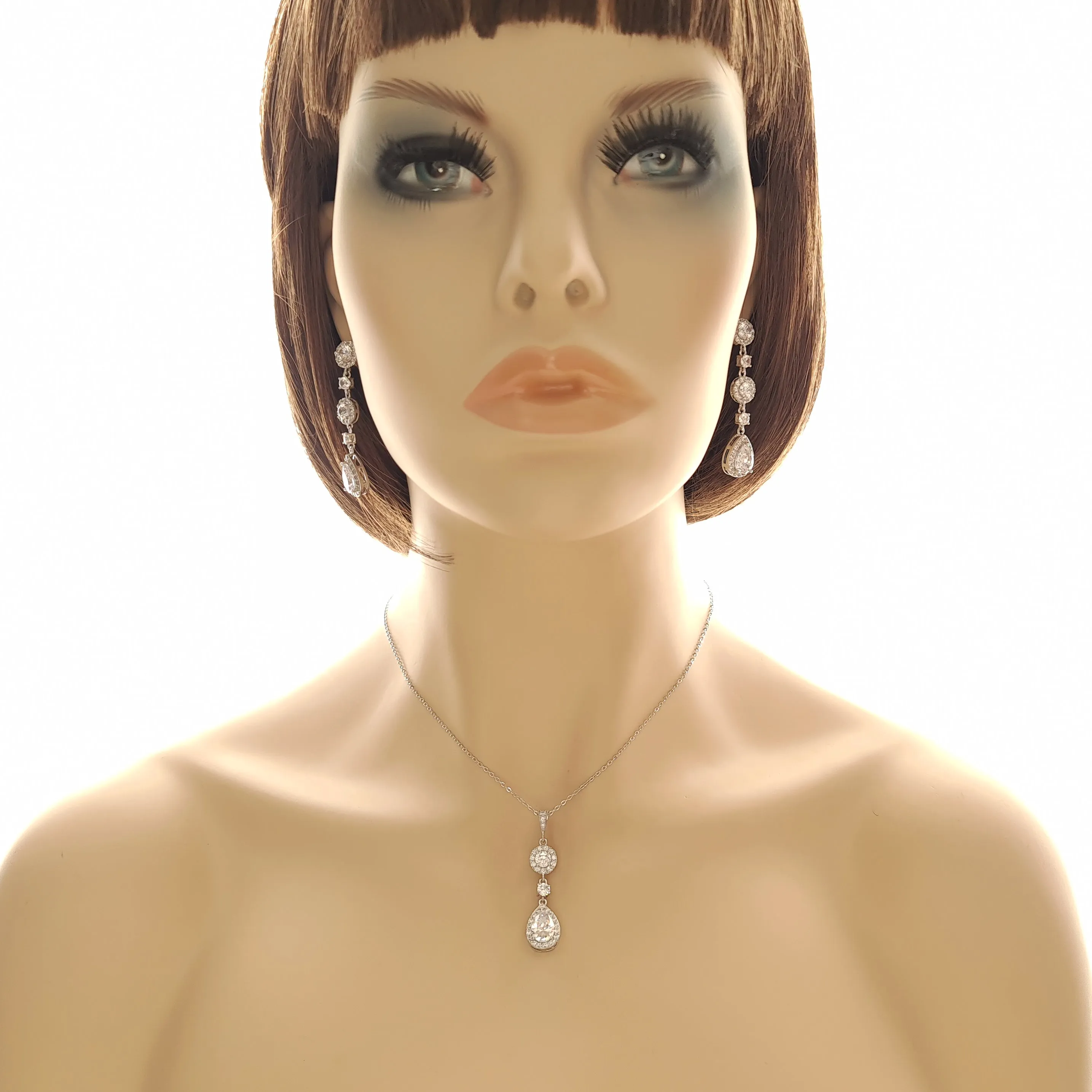 Long Bridal Earrings with Long Drop Pendant Necklace Set-Reagan