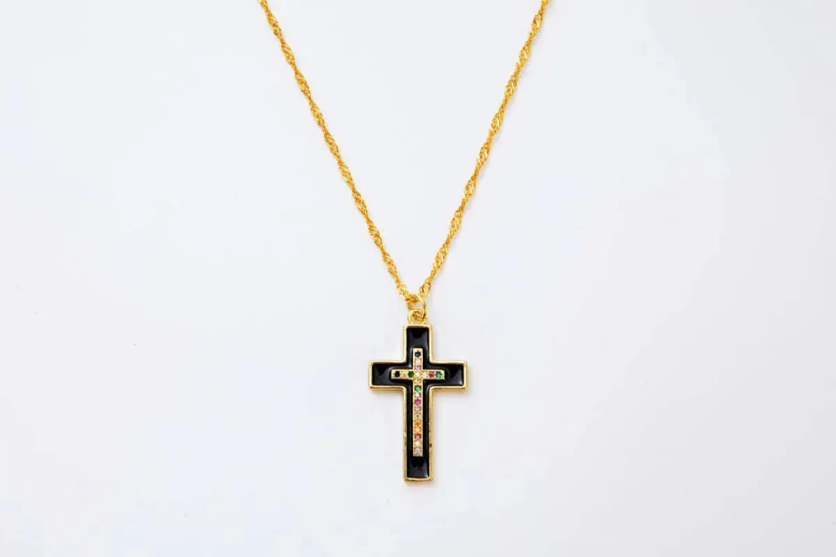 Melania Clara, Enameled and Crystal Cross Pendant Necklace