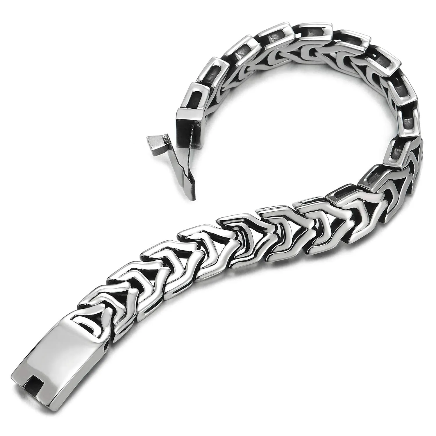 Mens Masculine Stainless Steel Link Chain Bracelet with Box Spring Clasp, Punk Rock Biker