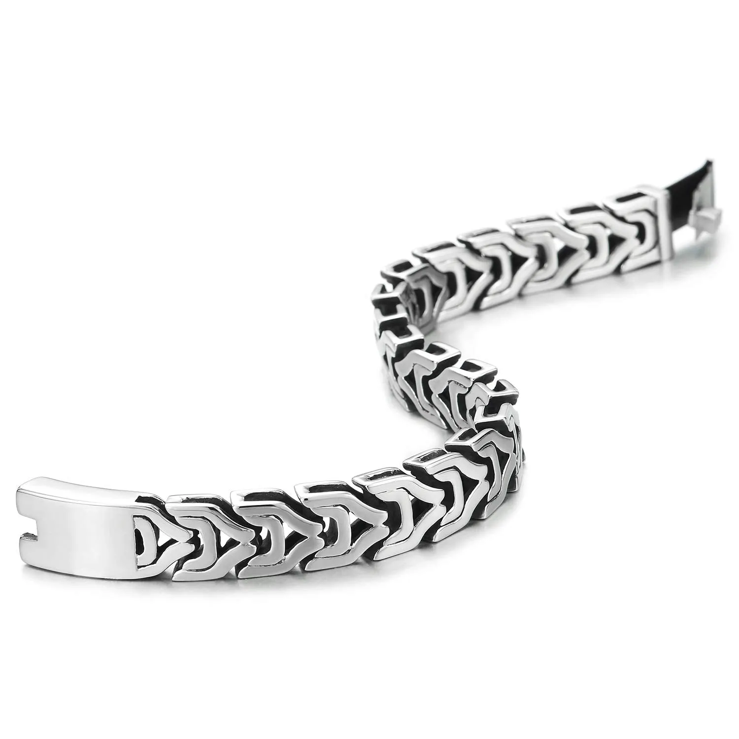 Mens Masculine Stainless Steel Link Chain Bracelet with Box Spring Clasp, Punk Rock Biker