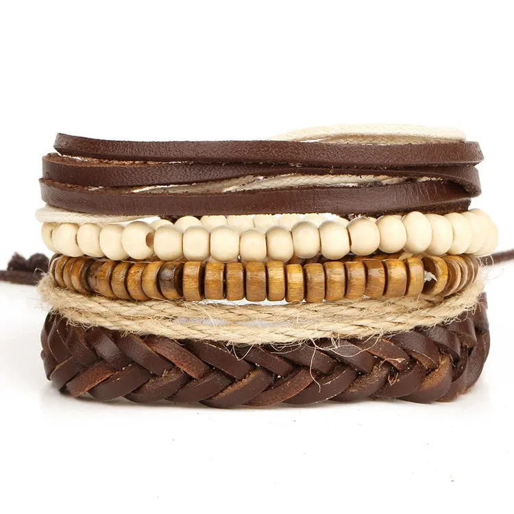 Multilayer Rock Leather Bracelet Men Jewelry Wood Bead Bracelets For Women Vintage Bracelets & Bangles Gift Vintage1Set