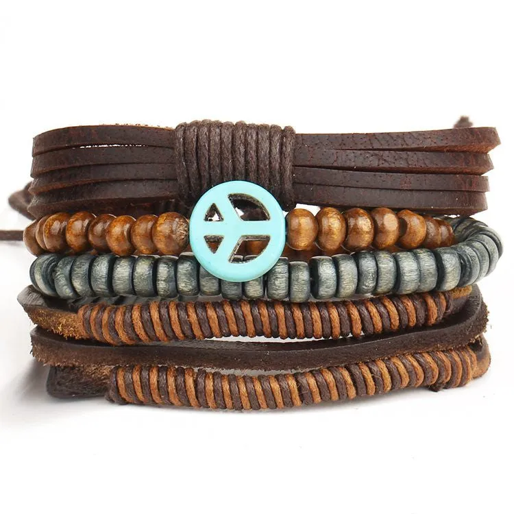 Multilayer Rock Leather Bracelet Men Jewelry Wood Bead Bracelets For Women Vintage Bracelets & Bangles Gift Vintage1Set