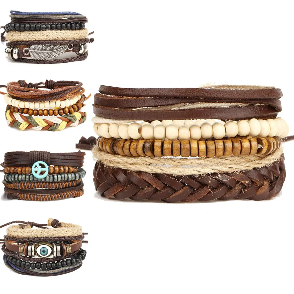 Multilayer Rock Leather Bracelet Men Jewelry Wood Bead Bracelets For Women Vintage Bracelets & Bangles Gift Vintage1Set