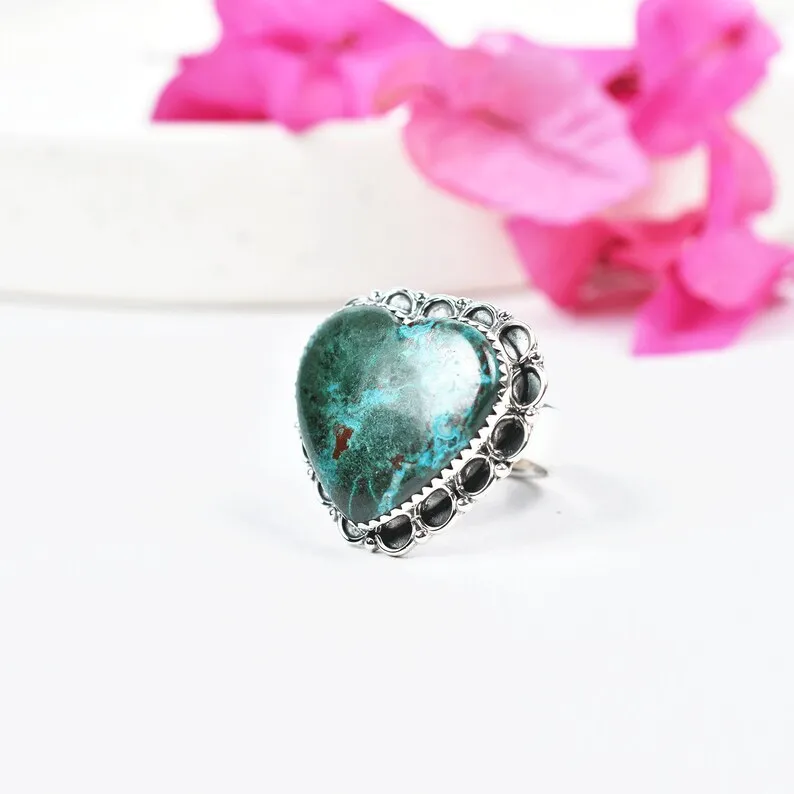 Native American Heart Cut Chrysocolla Cocktail Rings - 925 Sterling Silver Handmade Vintage Rings