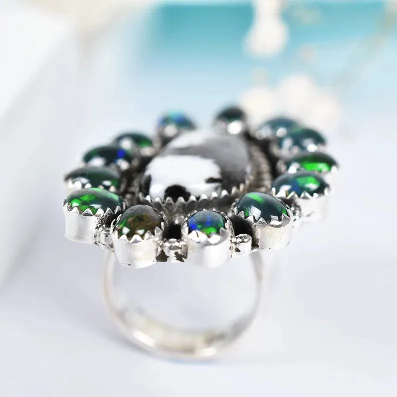 Native American Zebra Jasper & Ethiopian Opal Cluster Rings - 925 Sterling Silver Boho Rings