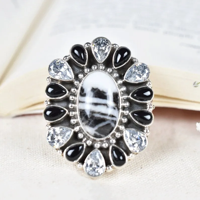 Native American Zebra Jasper, Black Onyx & CZ Cluster Rings - 925 Sterling Silver Boho Rings