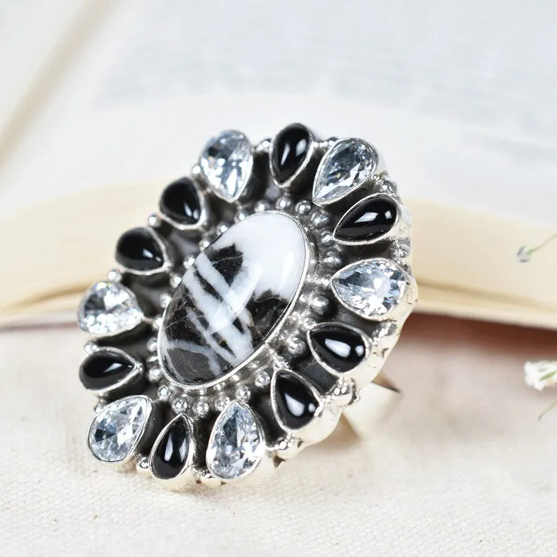 Native American Zebra Jasper, Black Onyx & CZ Cluster Rings - 925 Sterling Silver Boho Rings