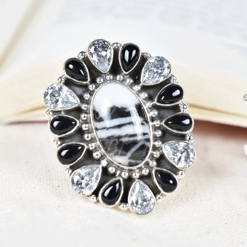 Native American Zebra Jasper, Black Onyx & CZ Cluster Rings - 925 Sterling Silver Boho Rings