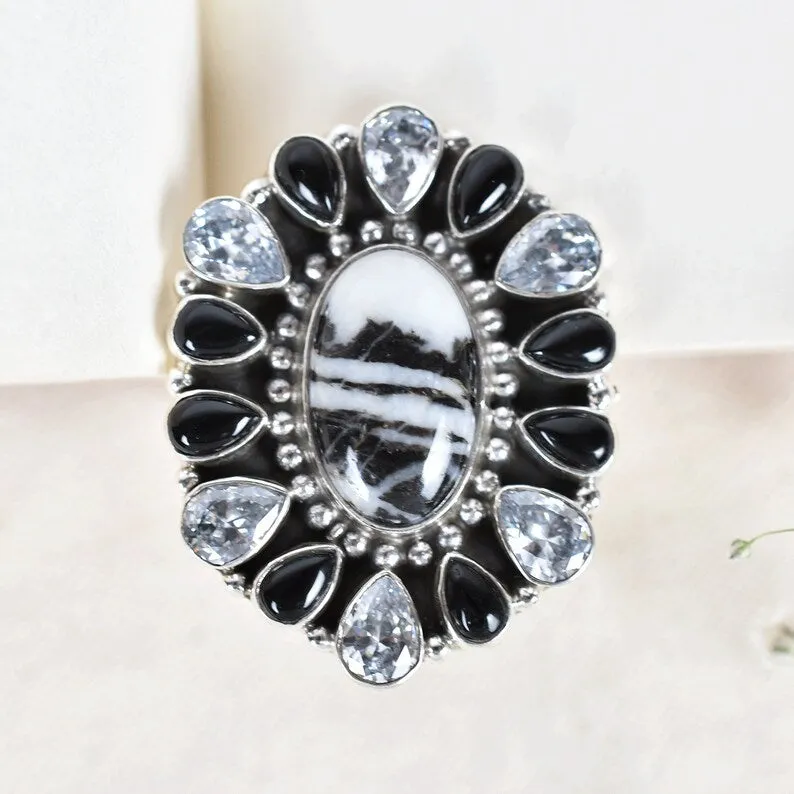 Native American Zebra Jasper, Black Onyx & CZ Cluster Rings - 925 Sterling Silver Boho Rings