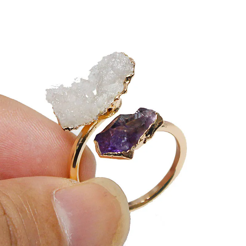 Natural Amethyst, Black Tourmaline& White Crystal Cluster Adjustable Ring