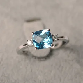 Natural Cushion Cut Swiss Blue Topaz Ring - 925 Sterling Silver Ring