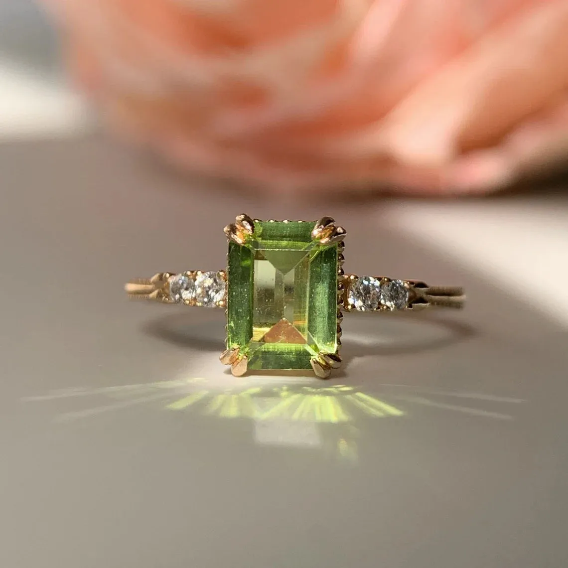 Natural Emerald Cut Peridot 14k gold vermeil Solitaire Rings