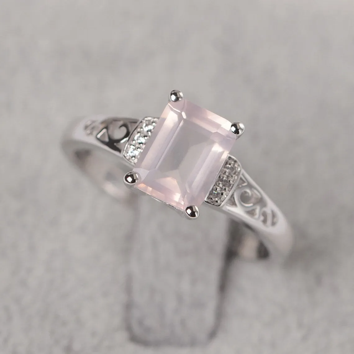 Natural Emerald Cut Rose Quartz Promise Ring - 925 Sterling Silver Ring