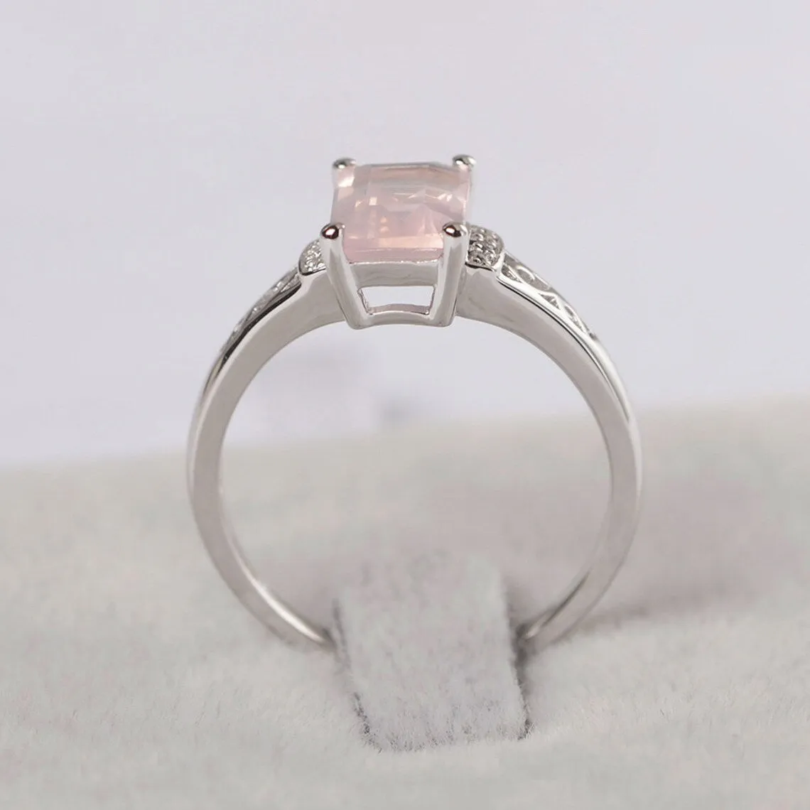 Natural Emerald Cut Rose Quartz Promise Ring - 925 Sterling Silver Ring