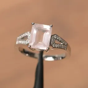 Natural Emerald Cut Rose Quartz Promise Solitaire Ring  - 925 Sterling Silver Ring