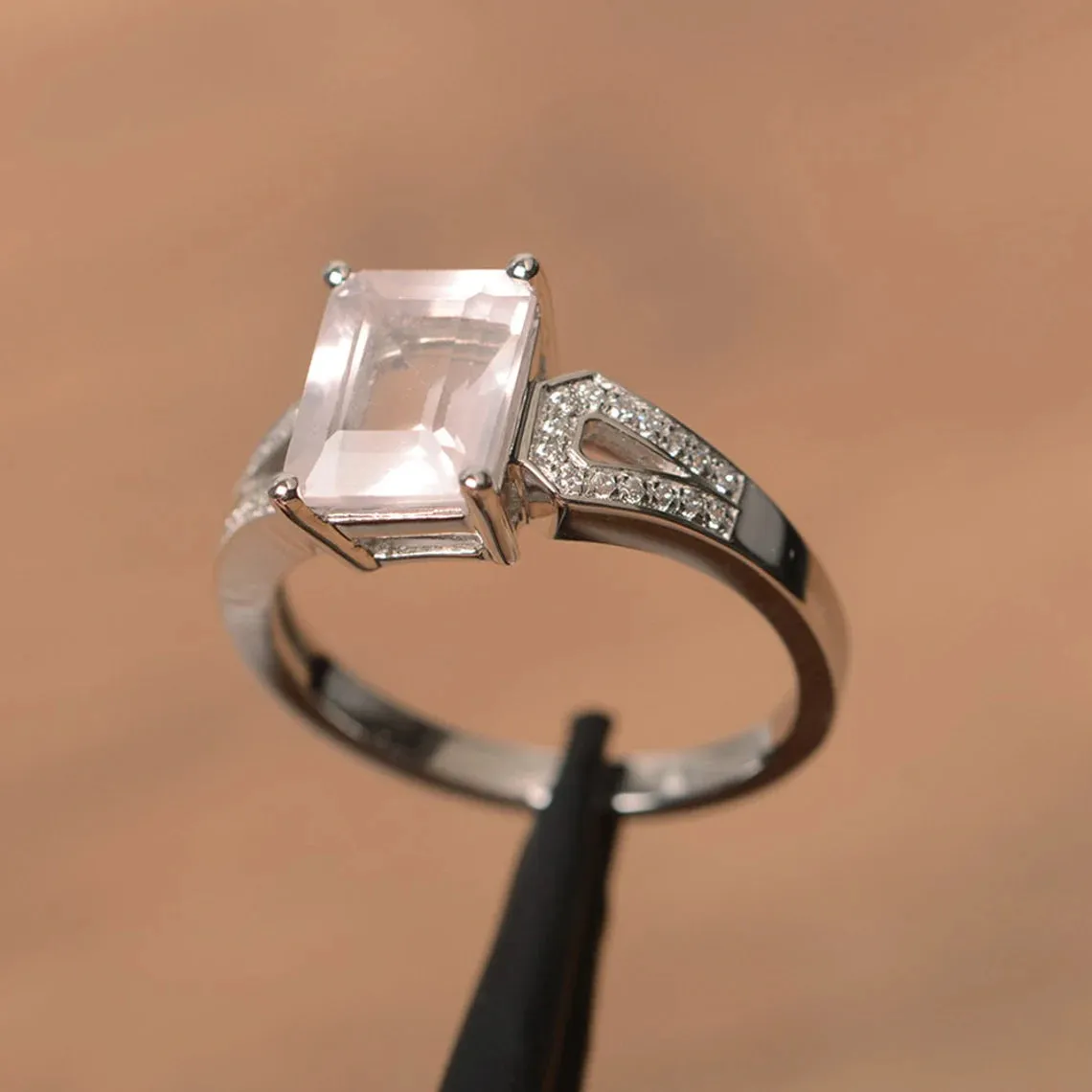 Natural Emerald Cut Rose Quartz Promise Solitaire Ring  - 925 Sterling Silver Ring