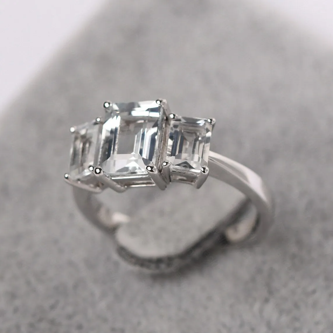 Natural Emerald Cut White Topaz Promise Ring - 925 Sterling Silver Ring