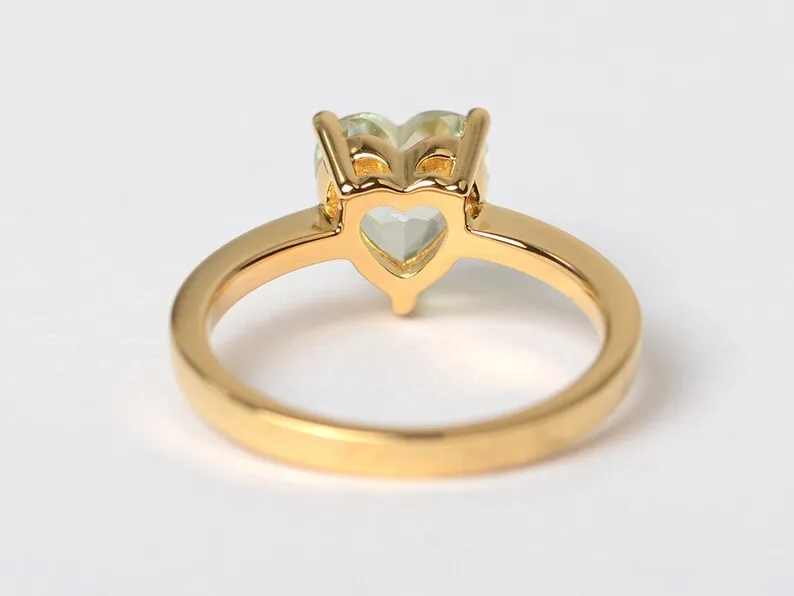 Natural Heart Cut Green Amethyst Solitaire  Ring - 14k Gold Vermeil Rings