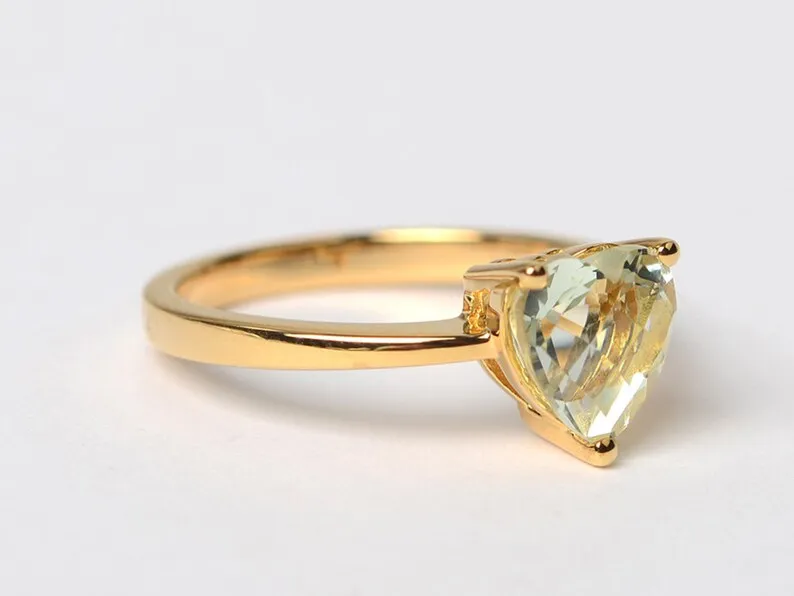 Natural Heart Cut Green Amethyst Solitaire  Ring - 14k Gold Vermeil Rings