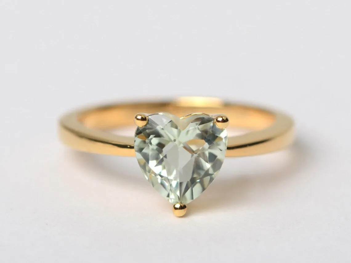 Natural Heart Cut Green Amethyst Solitaire  Ring - 14k Gold Vermeil Rings