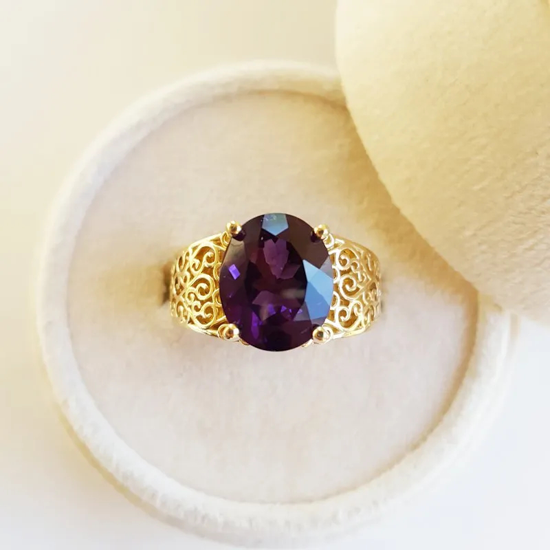 Natural Oval Cut Amethyst Filigree Statement Rings For Women - 14k Gold Vermeil Ring