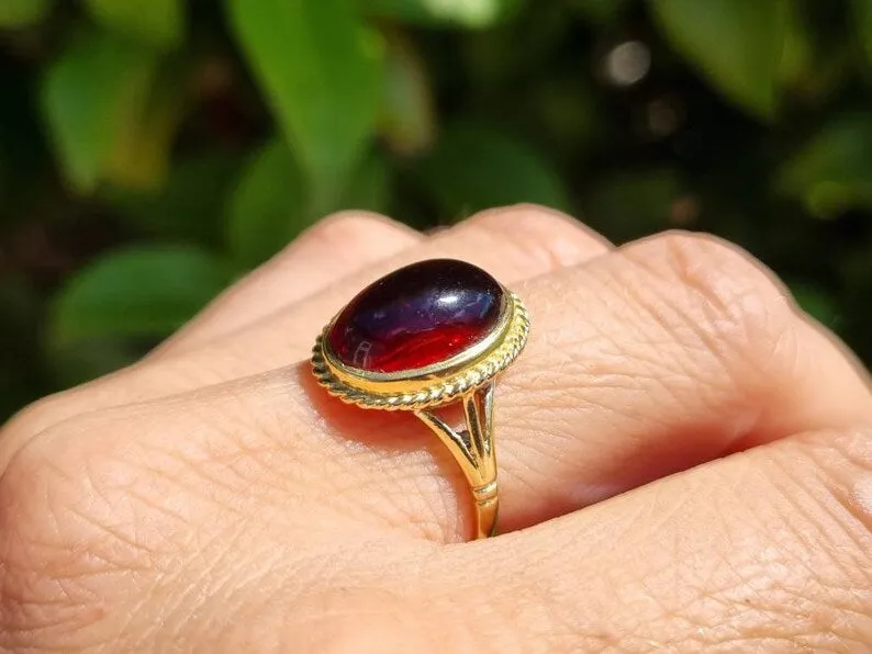 Natural Oval Cut Cabochon Garnet Solitaire Handmade Rings - 14k Gold Vermeil Rings