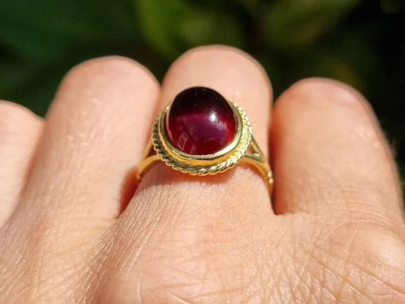 Natural Oval Cut Cabochon Garnet Solitaire Handmade Rings - 14k Gold Vermeil Rings