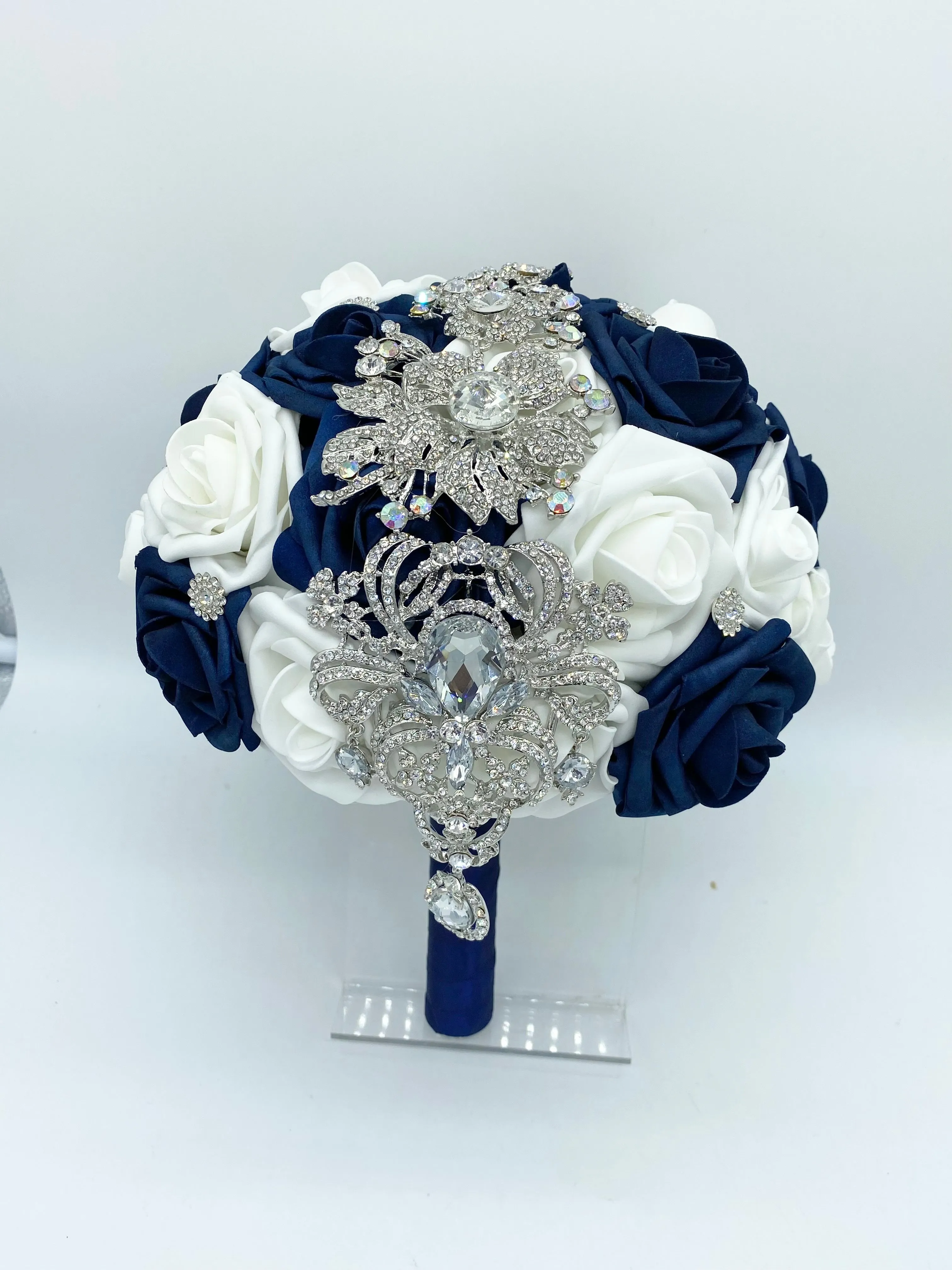 Navy White Real Touch Roses Brooch Bouquet or DIY KIT ~ RE004