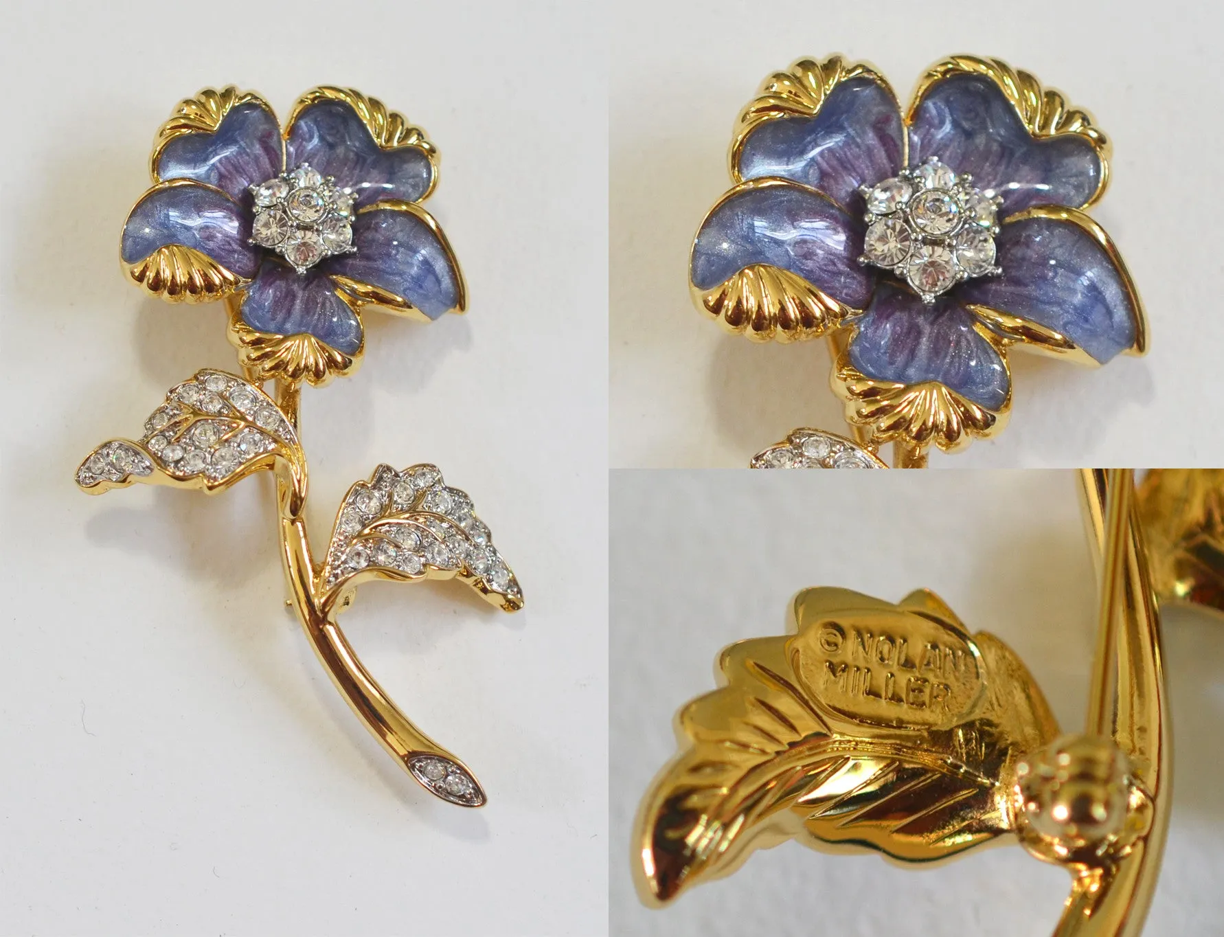 Nolan Miller Purple Enamel and Crystal Flower Brooch