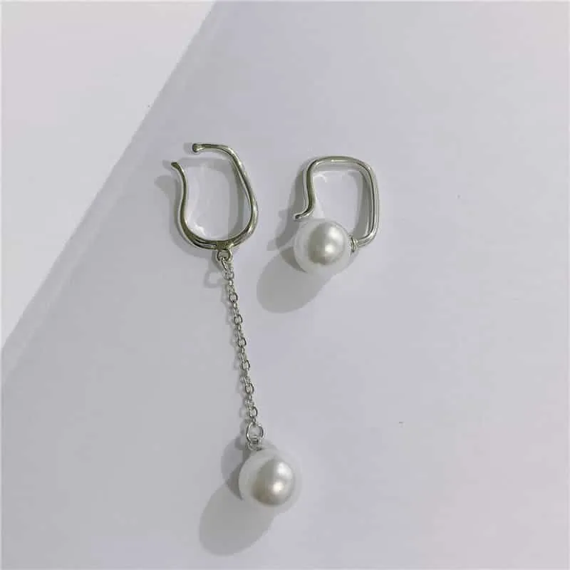 pierced female pearl tassel asymmetric stud earrings