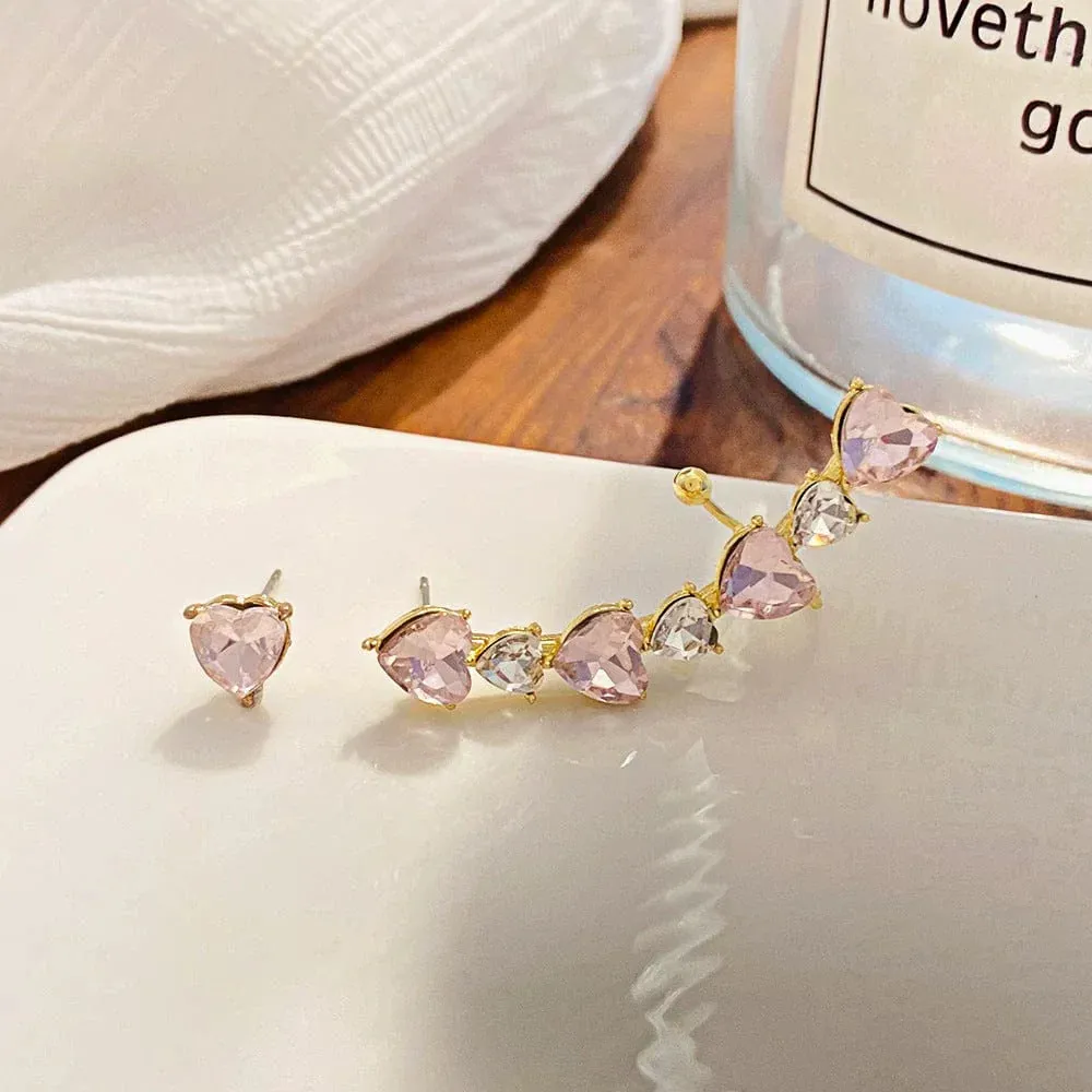 Pink Crystal Heart Ear Wrap Stud Earrings