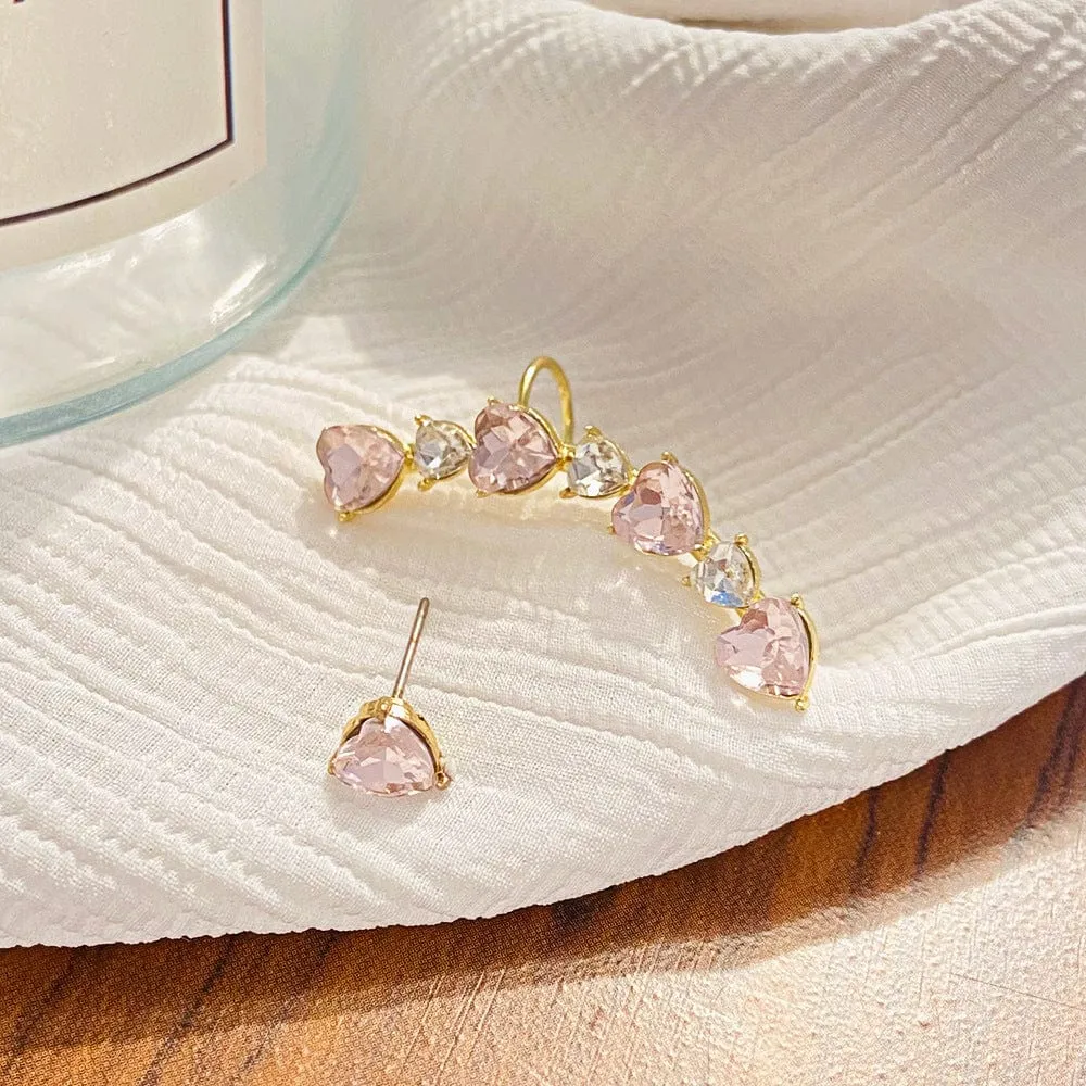 Pink Crystal Heart Ear Wrap Stud Earrings