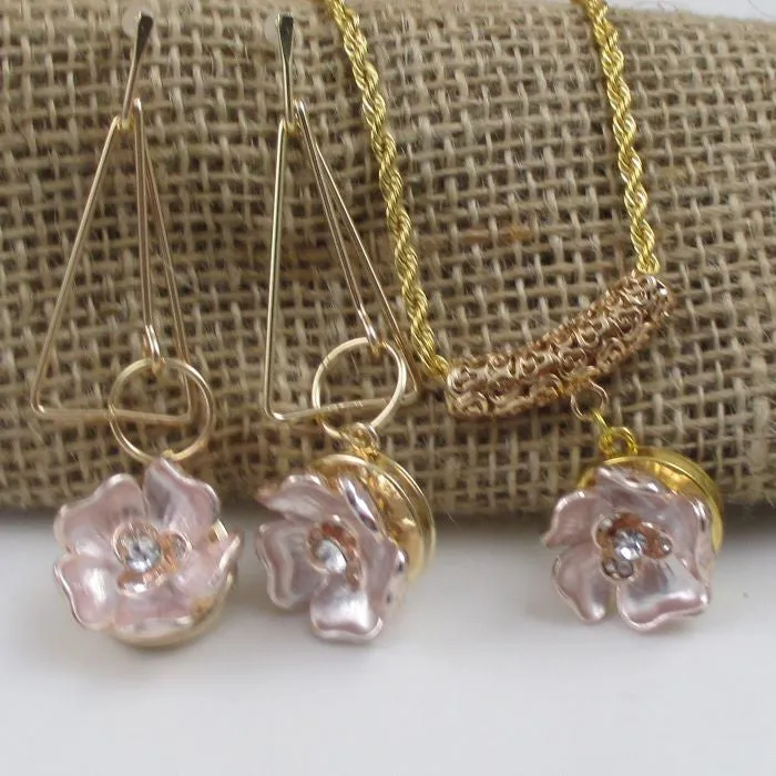 Pink Flower & Gold Pendant Necklace & Earrings