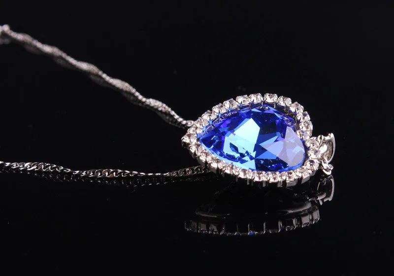 Romantic Titanic Ocean Heart Pendant Necklaces For Women Blue Crystal Rhinestone Choker Necklace Silver Plated Jewelry