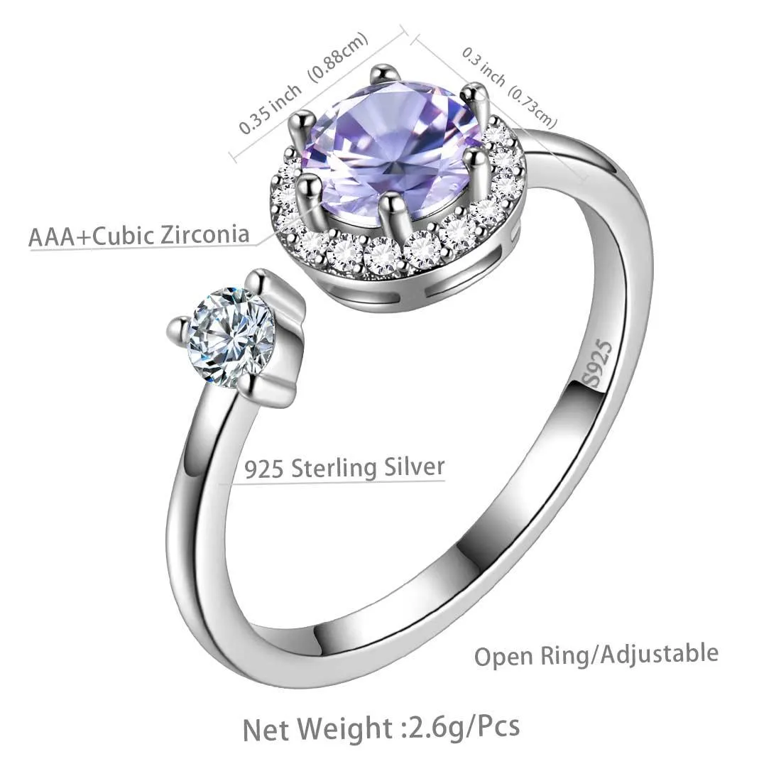 Round Birthstone June Alexandrite Ring Women Girls Jewelry Birthday Gift Sterling Silver