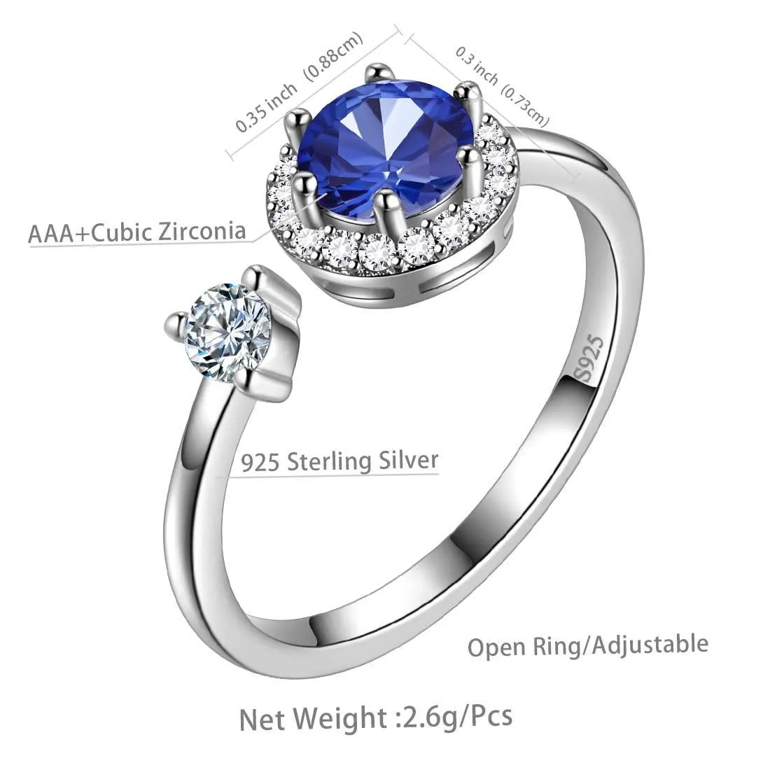 Round Birthstone September Sapphire Ring Women Girls Jewelry Birthday Gift Sterling Silver