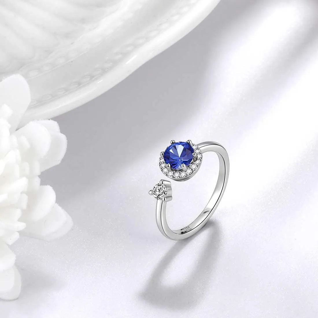 Round Birthstone September Sapphire Ring Women Girls Jewelry Birthday Gift Sterling Silver