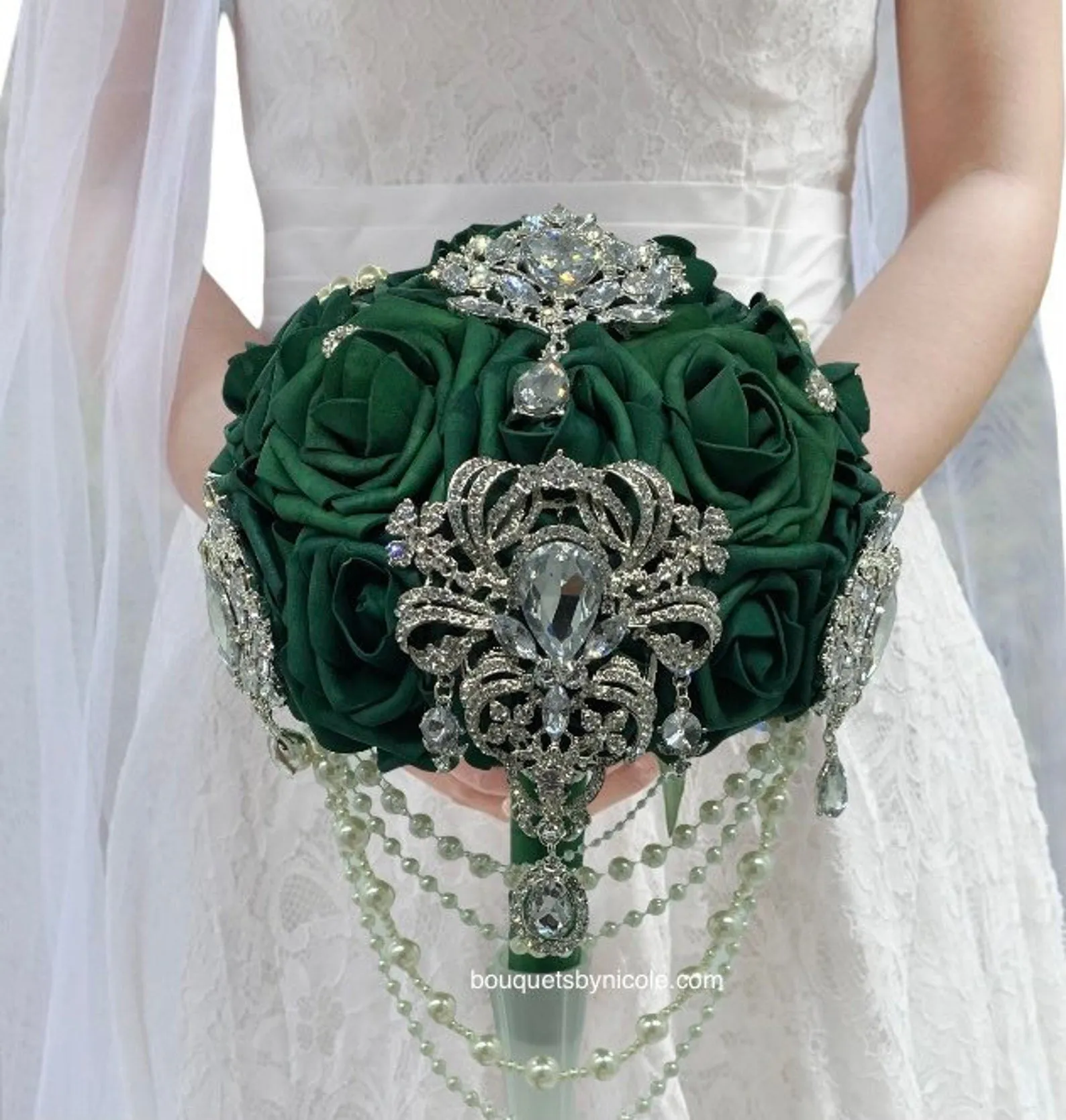 RT002~ Custom Cascade Waterfall Emerald Green Real Touch Rose Brooch Bouquet