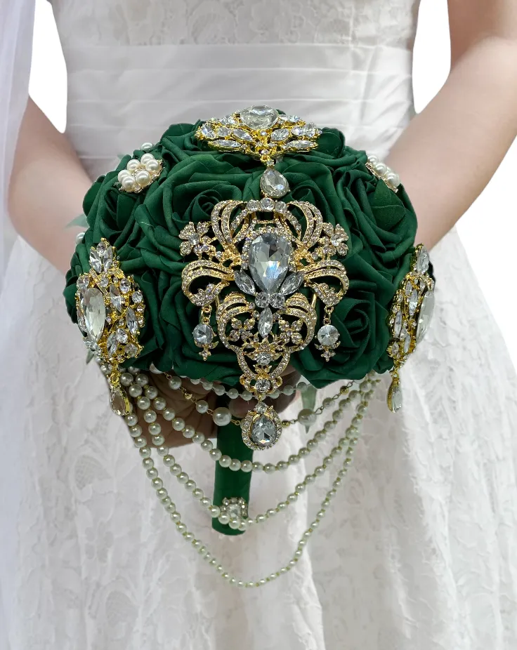 RT002~ Custom Cascade Waterfall Emerald Green Real Touch Rose Brooch Bouquet