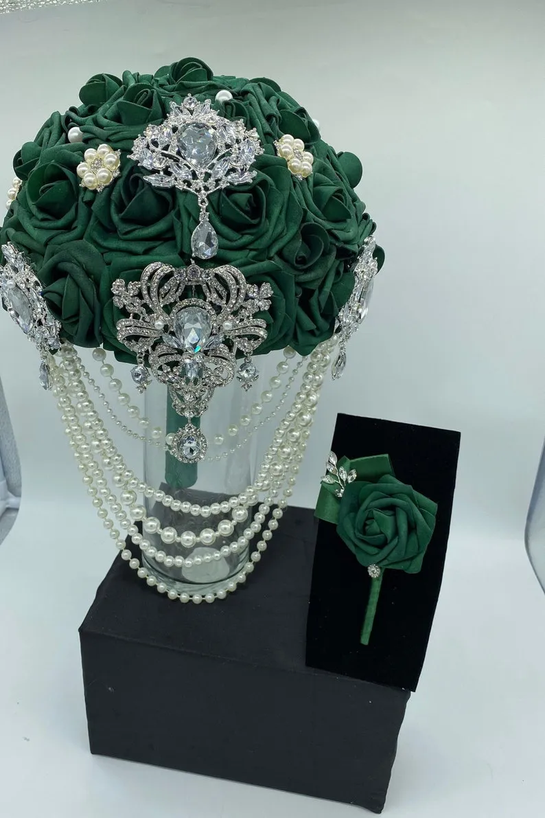 RT002~ Custom Cascade Waterfall Emerald Green Real Touch Rose Brooch Bouquet