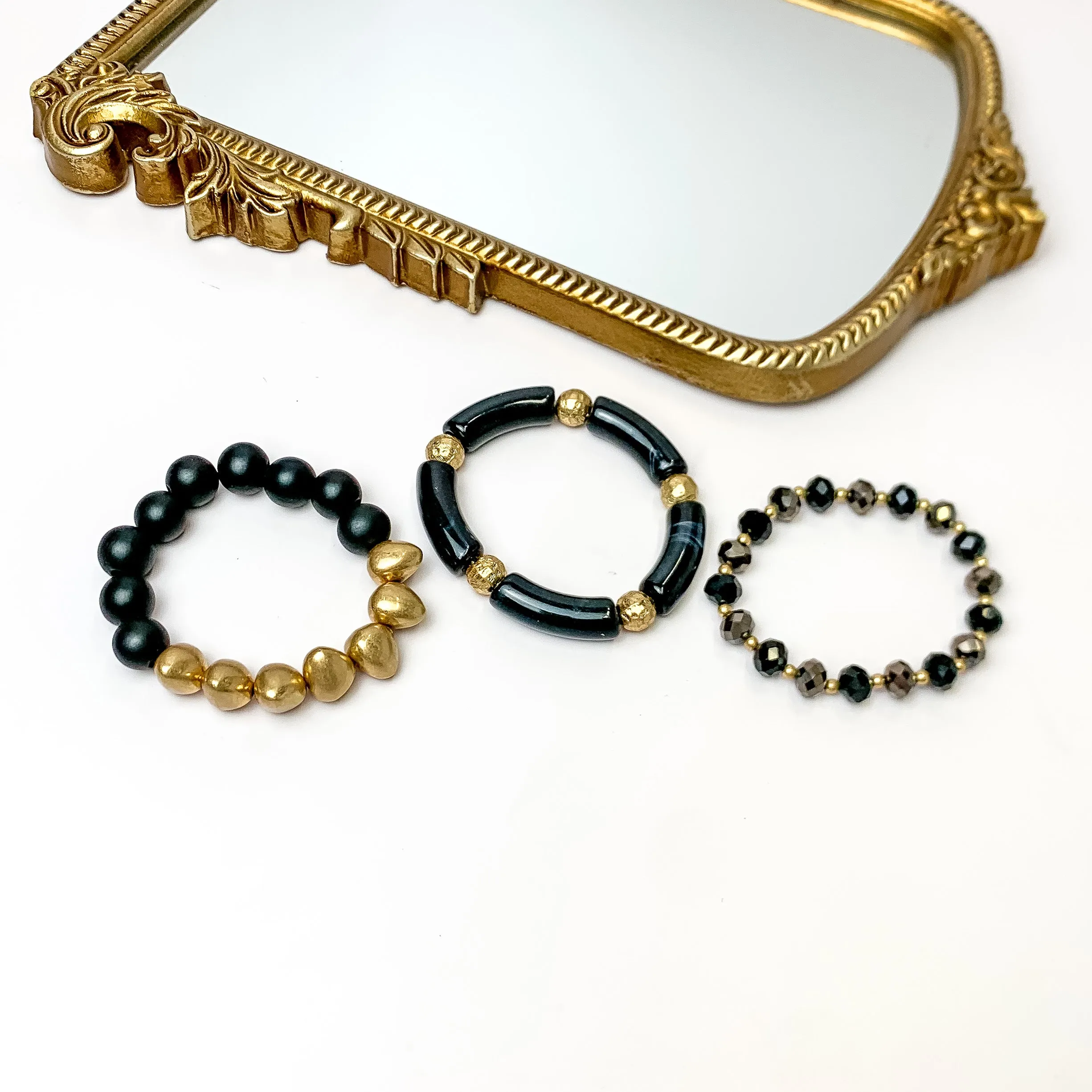 Set of Three | Island Dream Crystal and Marble Beaded Bracelet Set in Black