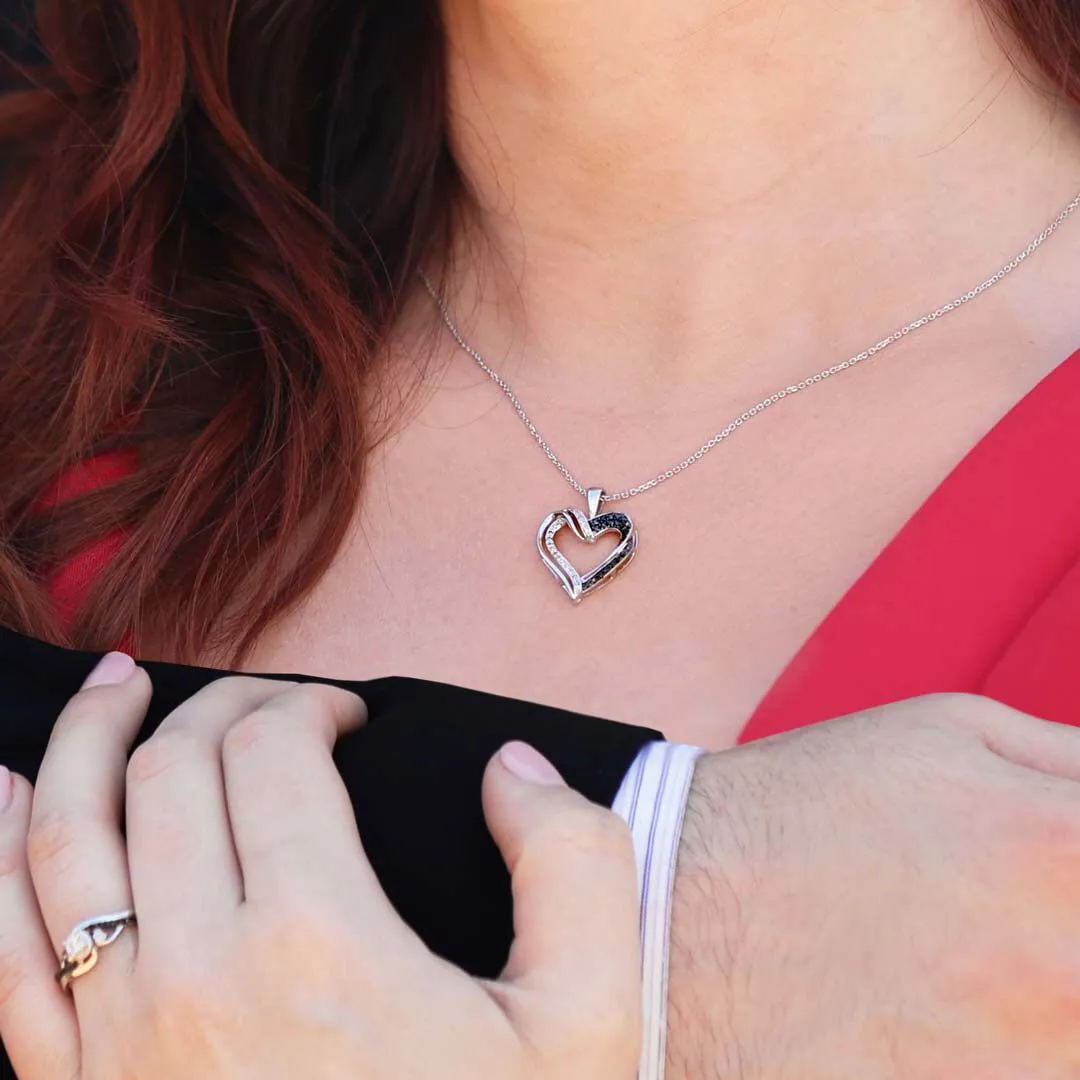 Silver Black & White Diamond Twisted Heart Necklace