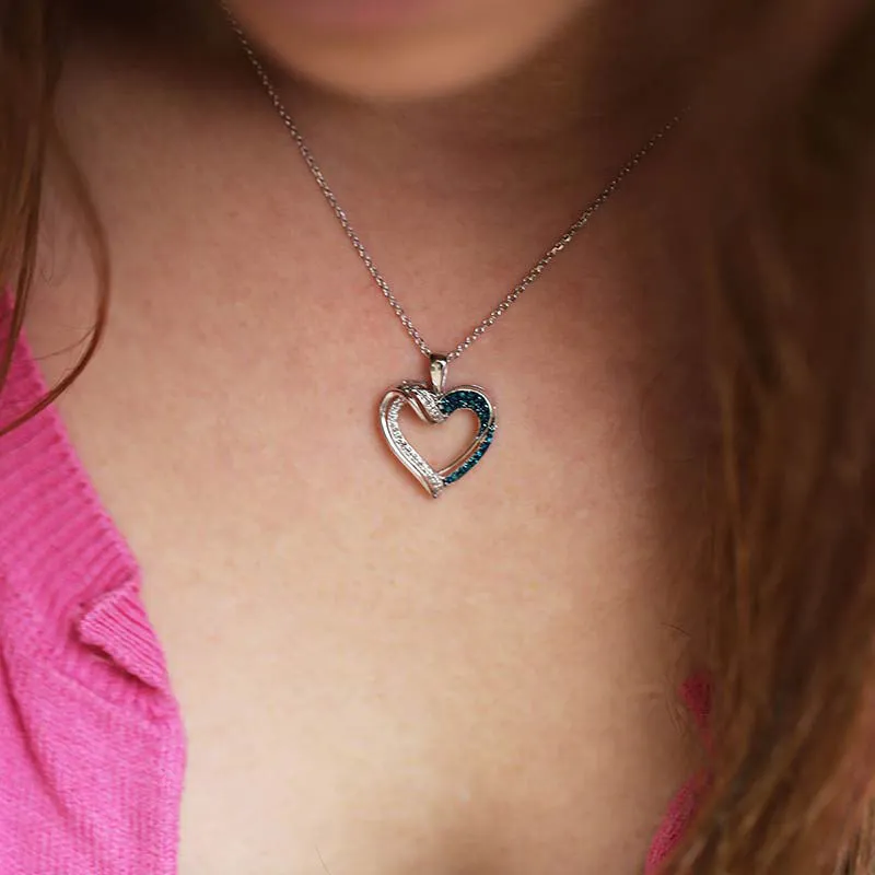 Silver Sky Blue Diamond Twisted Heart Necklace