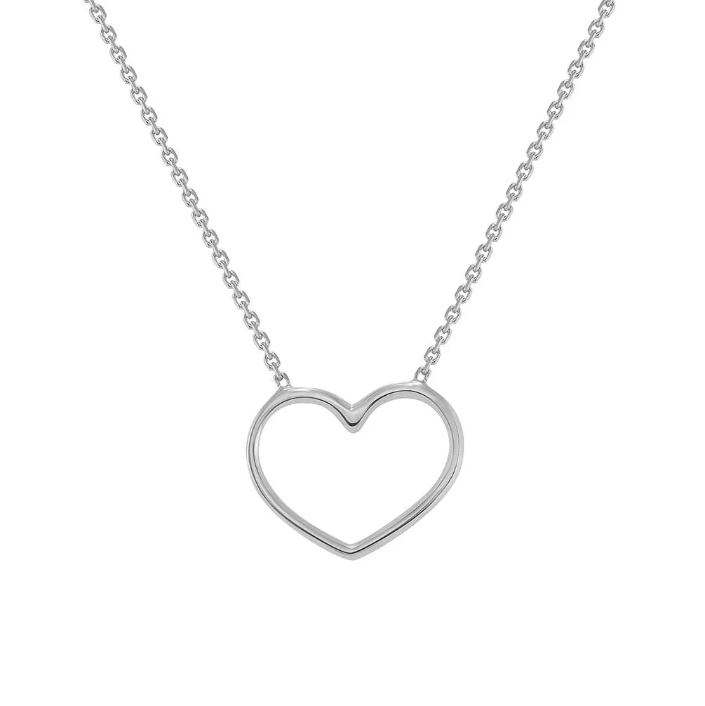 Solid 14k White Gold Small Open Heart Necklace with Lobster Claw Clasp (16" to 18" Adjustable Chain)